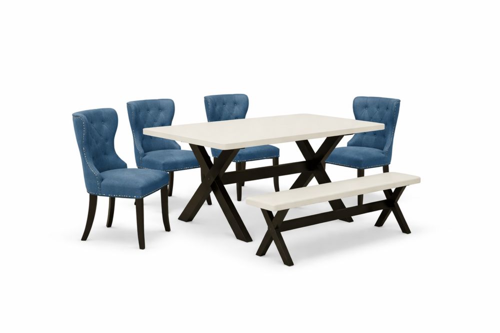 Ensemble table et chaises de salle à manger rectangulaire blanc bois massif polyester