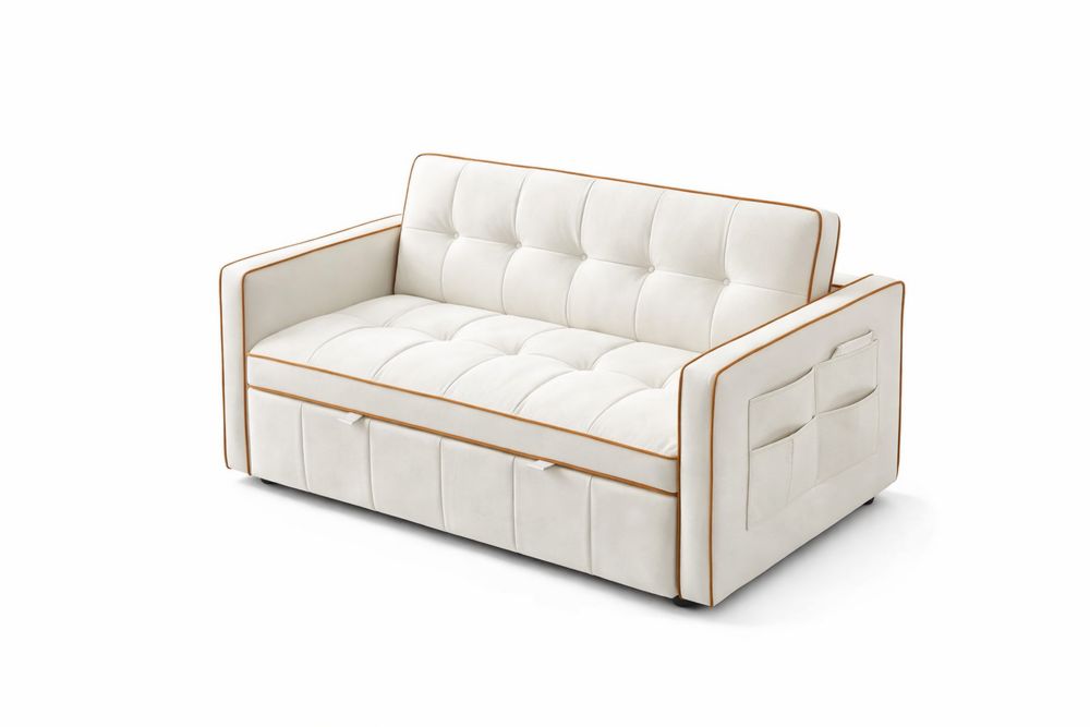 Canapé deux places convertible en tissu blanc avec passepoil marron