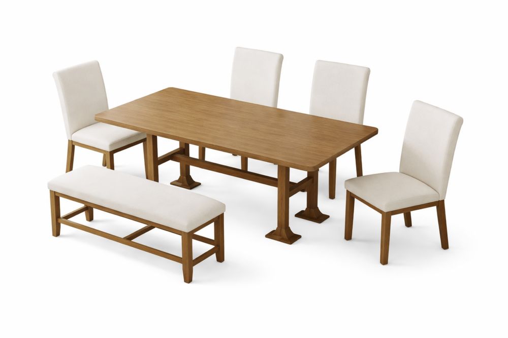 Ensemble table à manger rectangulaire en bois massif avec 4 chaises et un banc en tissu crème