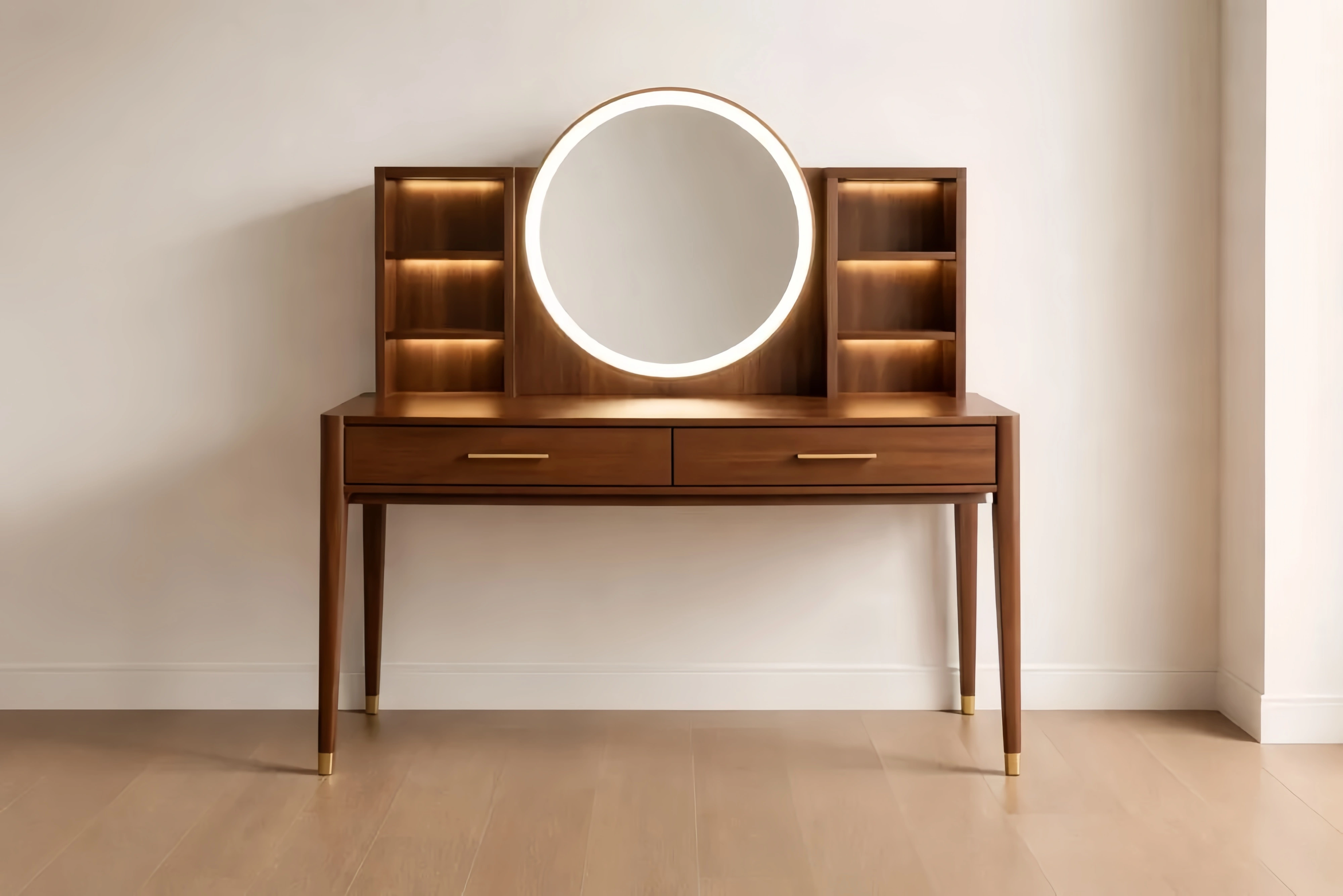 Coiffeuse en Bois avec Miroir Rond LED et Étagères