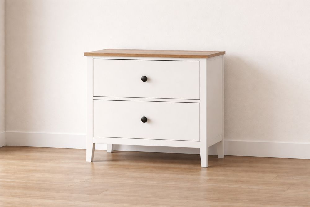 Commode 2 tiroirs en bois MDF blanc et chêne