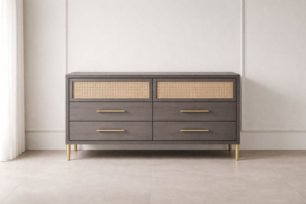 Commode en bois MDF avec cannage et pieds métalliques dorés, 4 tiroirs Gris