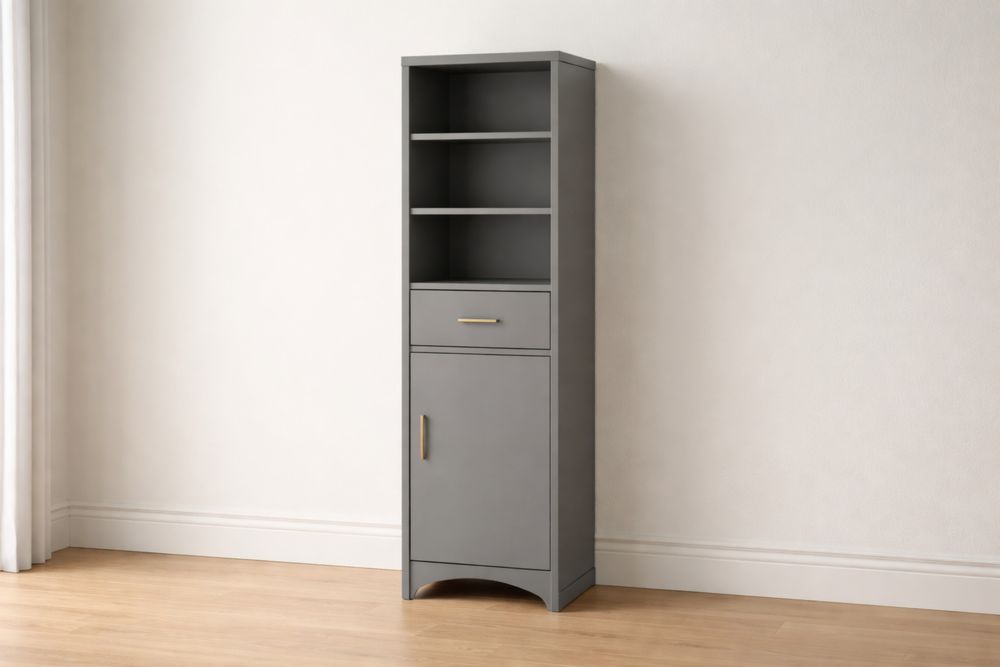 Armoire en Bois Composite Gris avec Étagères et Tiroir