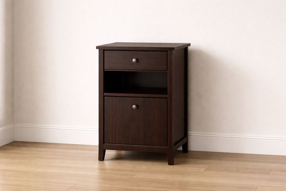 Table de chevet en bois brun foncé avec tiroir et porte