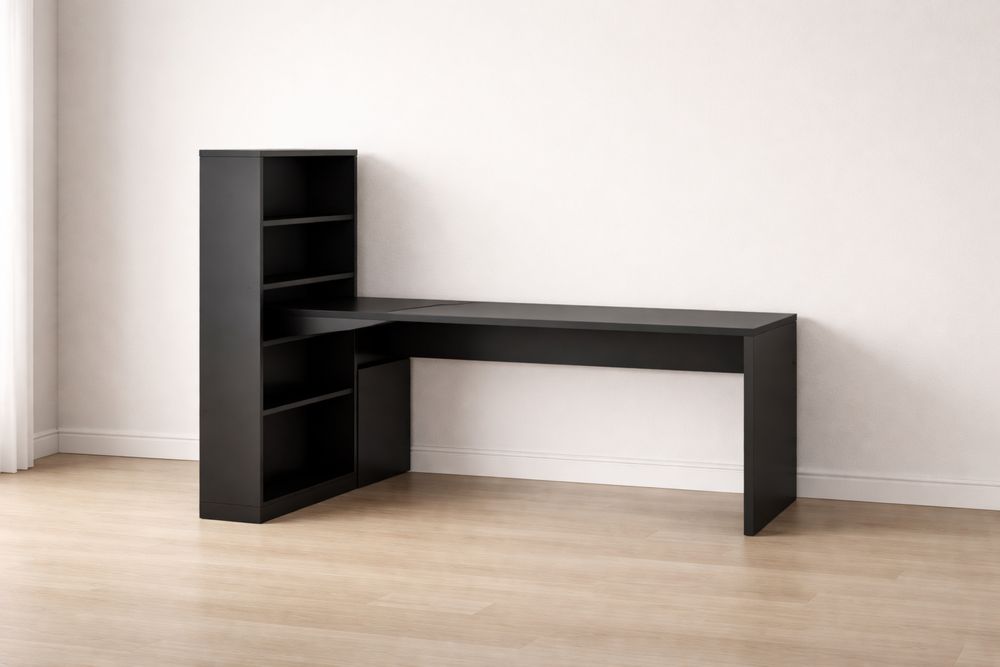 Bureau d'angle en bois avec étagères et rangement intégré