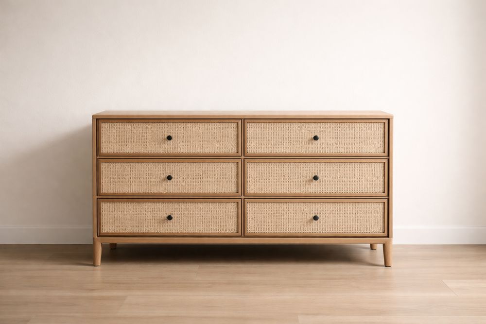 Commode en bois et rotin 6 tiroirs Naturel