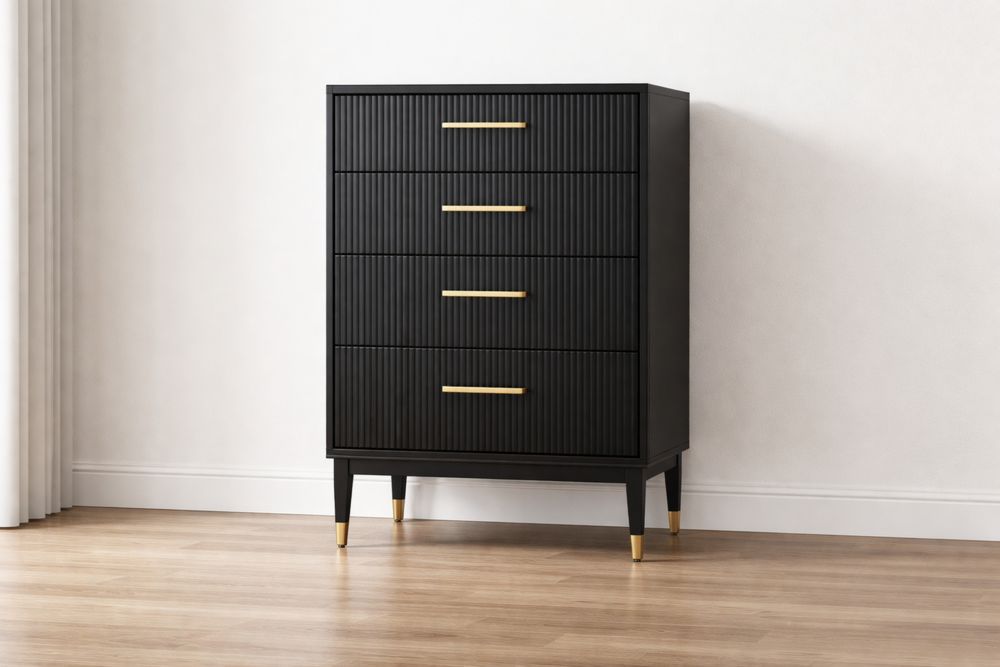 Commode 4 Tiroirs Noire en Bois et Métal Doré