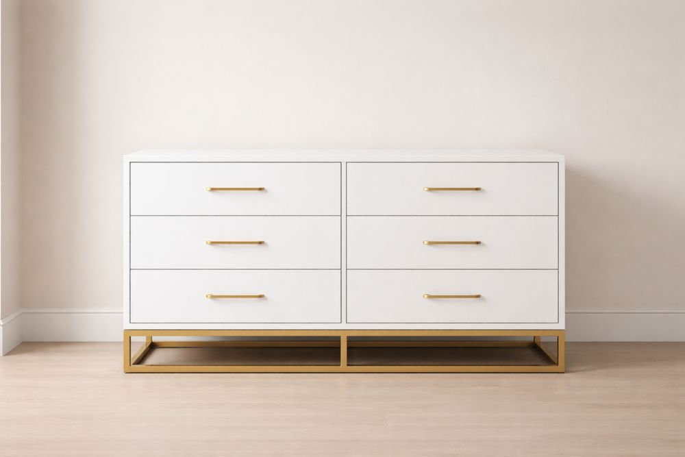 Commode à 6 Tiroirs en Bois Contreplaqué Blanc et Métal Doré