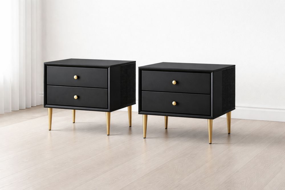 Lot de 2 Tables de Chevet en MDF Noir avec Pieds Métal Doré