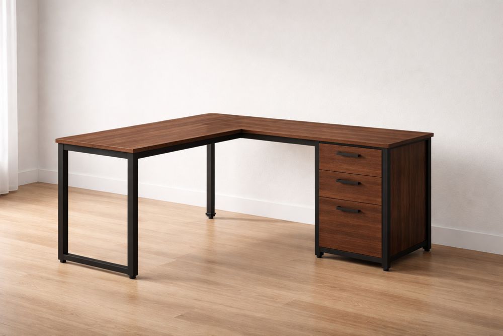 Bureau d'angle en bois et métal avec 3 tiroirs Marron/Noir