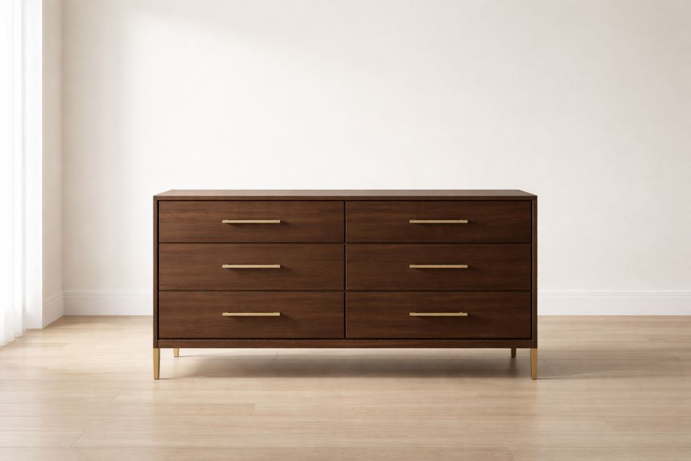 Commode en Bois Massif de Noyer avec Poignées Métalliques 6 Tiroirs