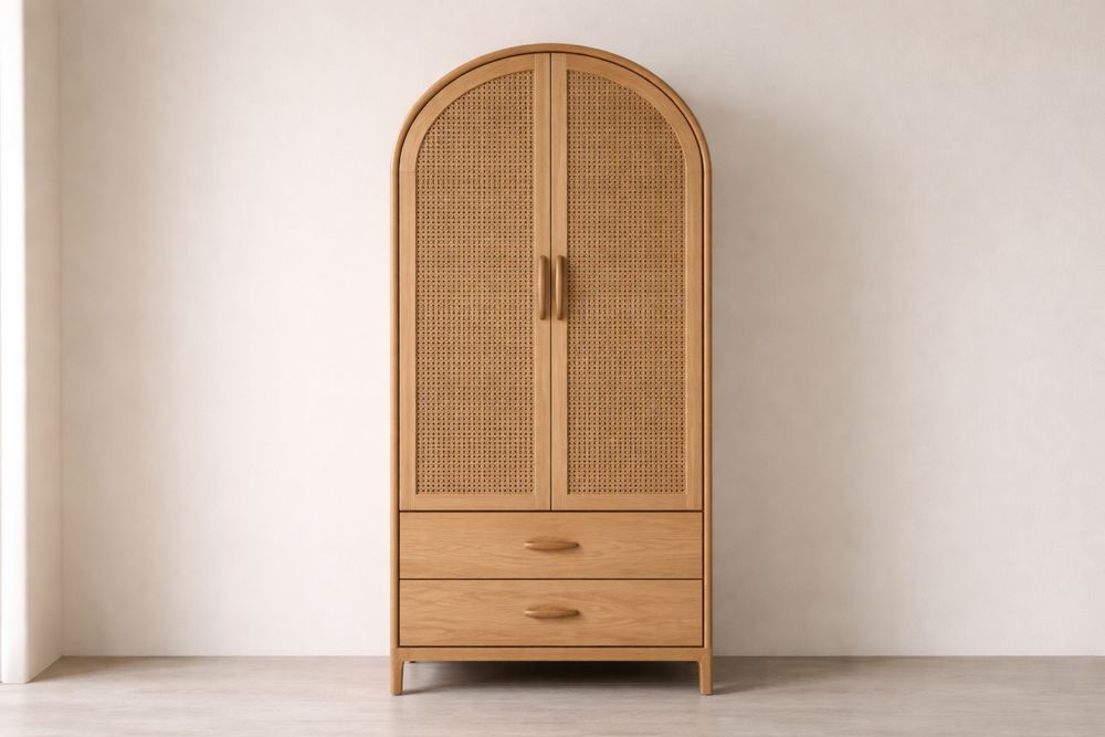 Armoire en Bois et Rotin 2 Portes 2 Tiroirs