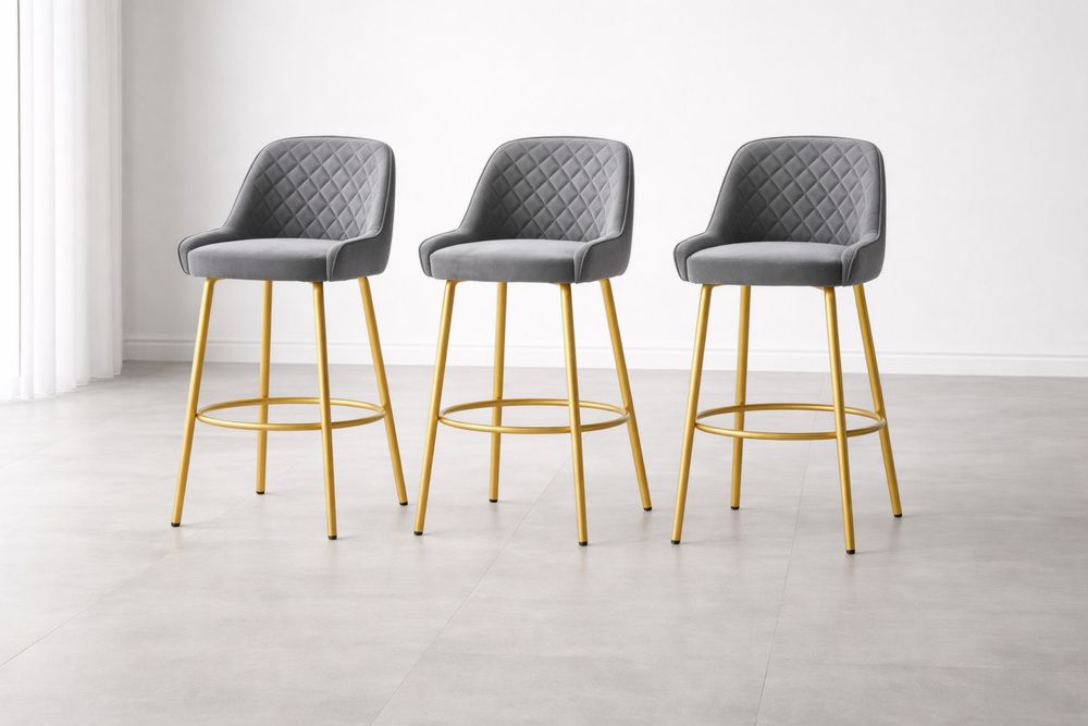 Ensemble de 3 tabourets de bar en velours gris avec pieds en métal doré