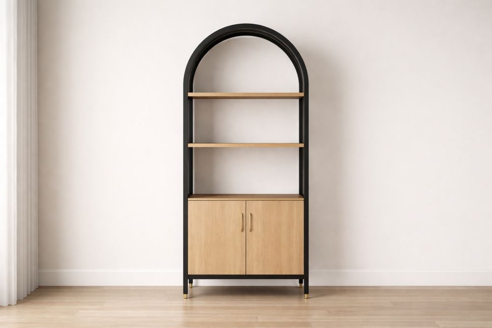 Étagère arquée en bois et métal noir