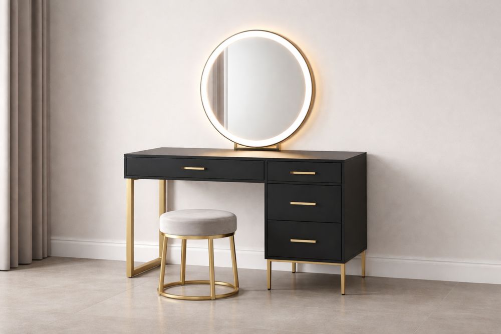 Coiffeuse LED avec Miroir Rond Noir Métal Doré 4 Tiroirs Tabouret Gris