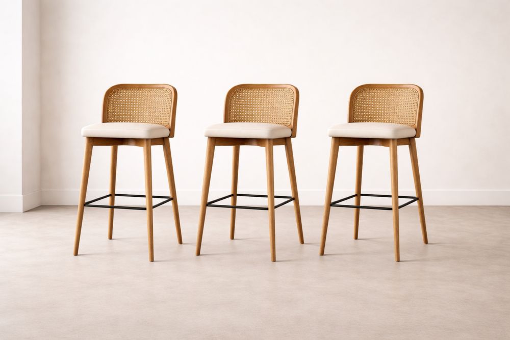 Tabourets de Bar en Bois avec Dossier en Rotin et Assise en Tissu Beige Lot de 3