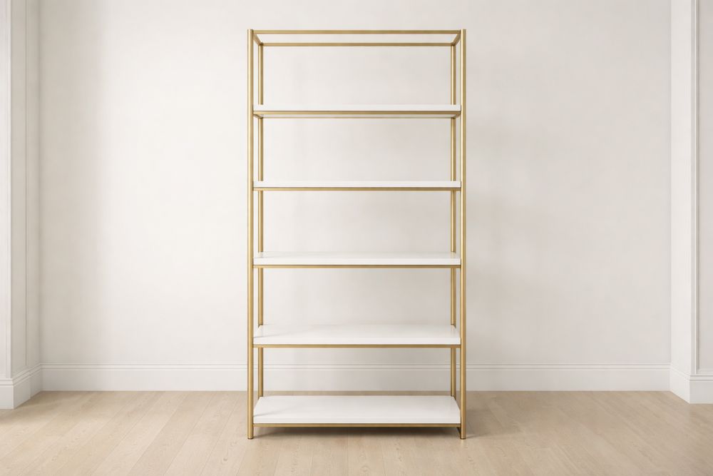 Bibliothèque à cinq niveaux en métal doré et blanc, dimensions 180 × 90 × 35 cm