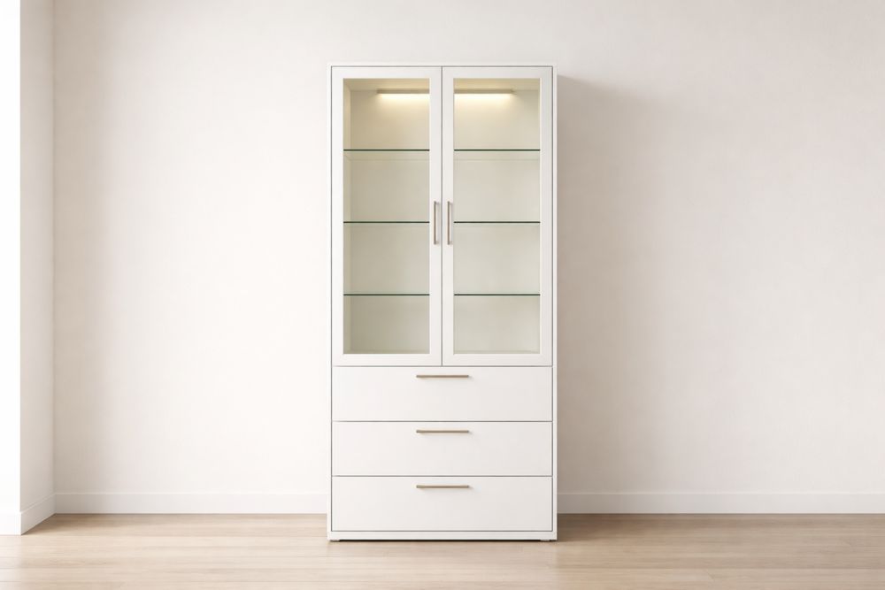 Vitrine en bois MDF avec portes en verre trempé et tiroirs blanc