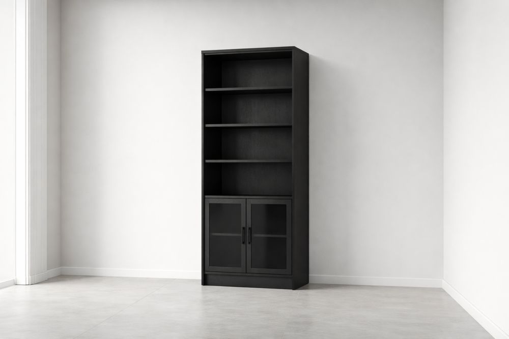 Bibliothèque haute bois noir 4 étagères 2 portes en verre