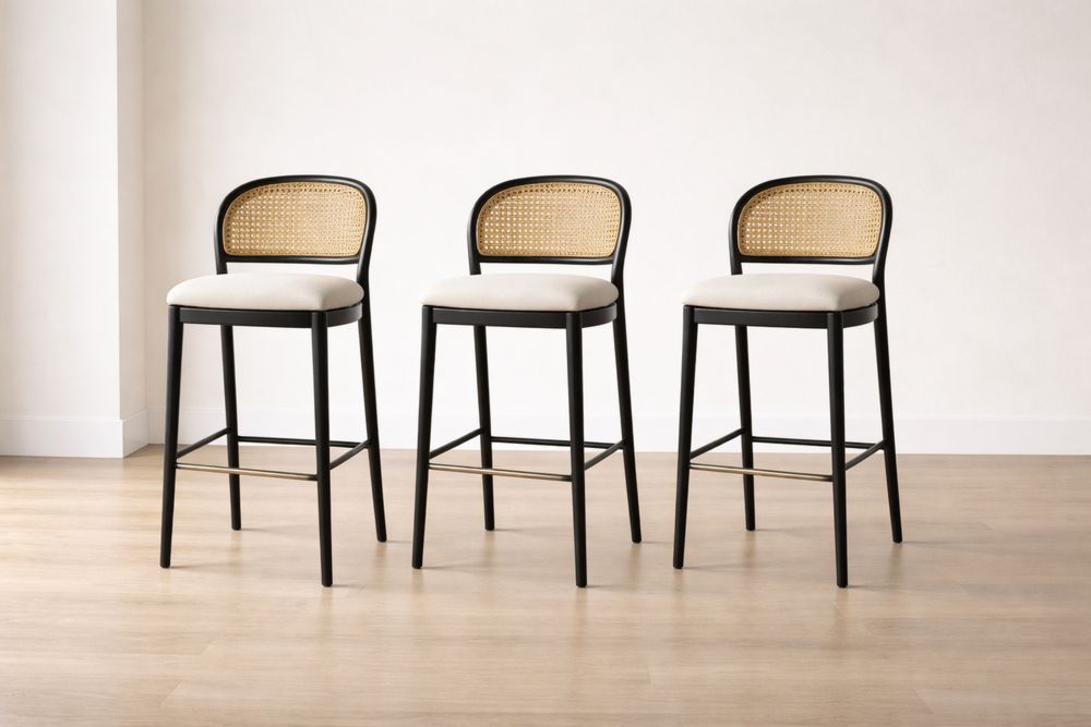 Lot de 3 tabourets de bar en métal et rotin Beige/Noir