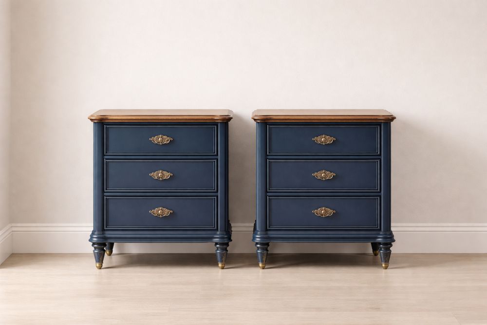 Lot de deux tables de chevet en bois avec trois tiroirs