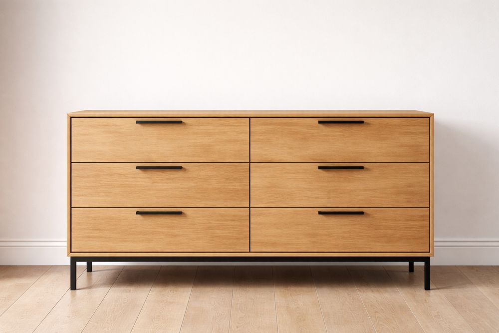 Commode en bois avec cadre en métal noir et 6 tiroirs