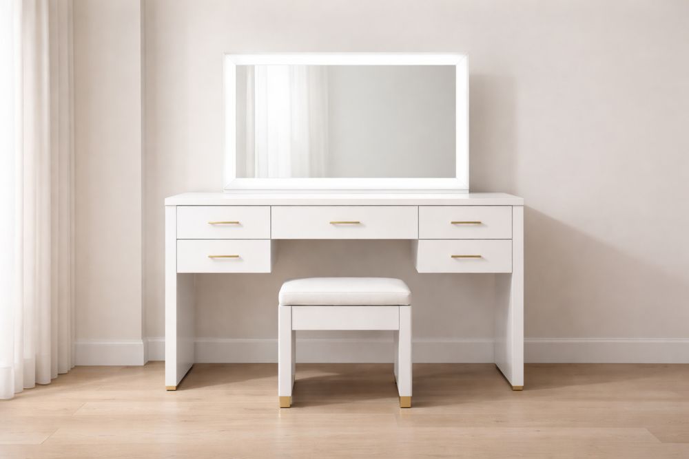 Coiffeuse en bois avec miroir et tabouret rembourré blanc