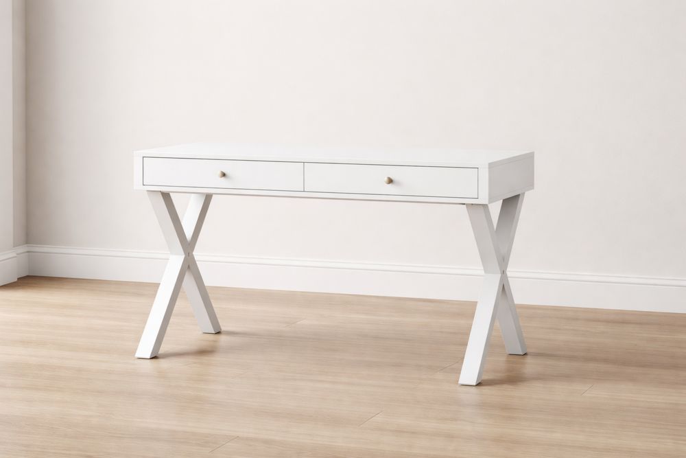 Bureau en Bois Blanc avec Tiroirs et Pieds Croisés