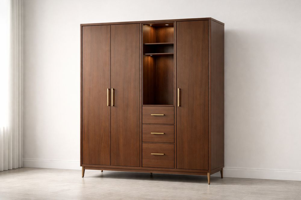 Armoire en bois avec tiroirs et éclairage LED