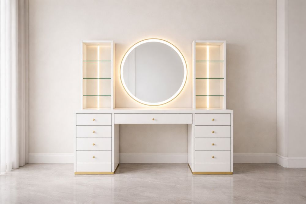 Coiffeuse en MDF avec miroir LED et étagères en verre