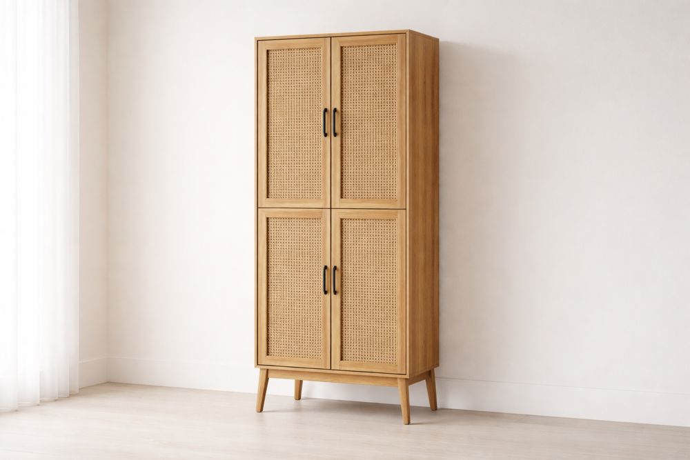Armoire haute en bois et rotin 4 portes