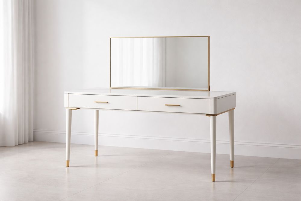 Coiffeuse en Bois avec Miroir Rectangulaire en Verre Trempé Blanc et Doré