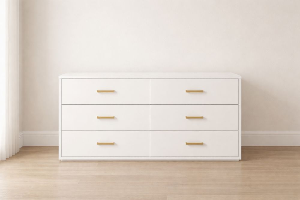 Commode en Bois MDF Blanc avec 6 Tiroirs et Poignées Métalliques Dorées