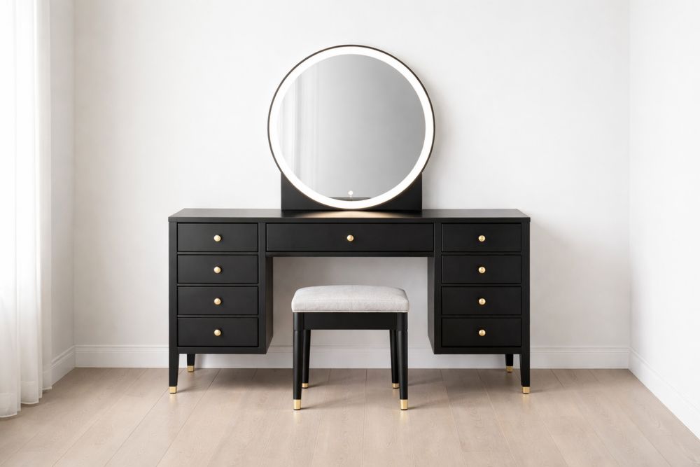 Coiffeuse en Bois avec Miroir Éclairé et Tabouret en Tissu