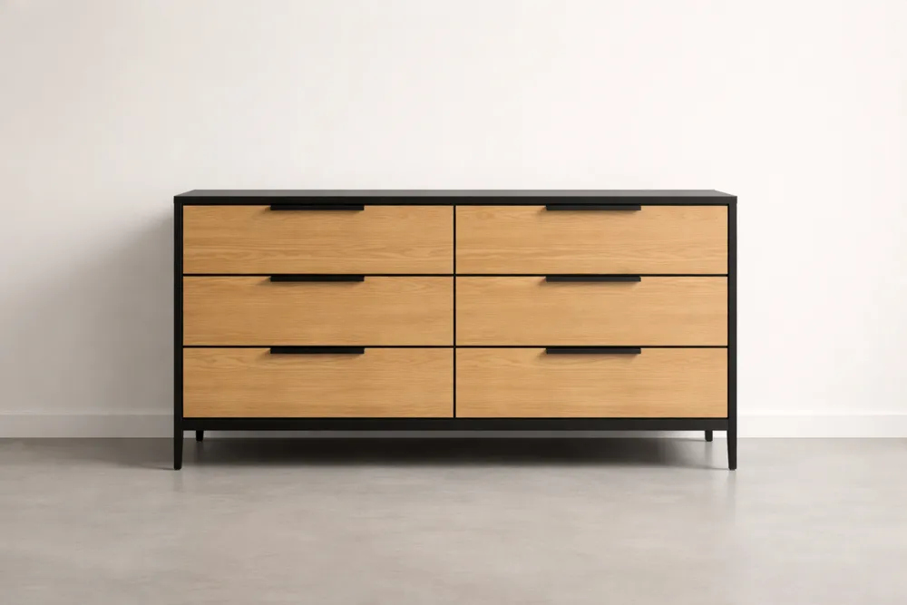 Commode 6 Tiroirs en Bois de Chêne et Aluminium