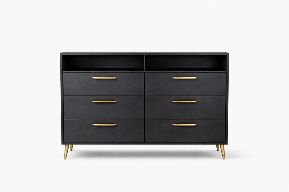 Commode en Bois d'ingénierie avec Poignées Dorées et Pieds en Acier