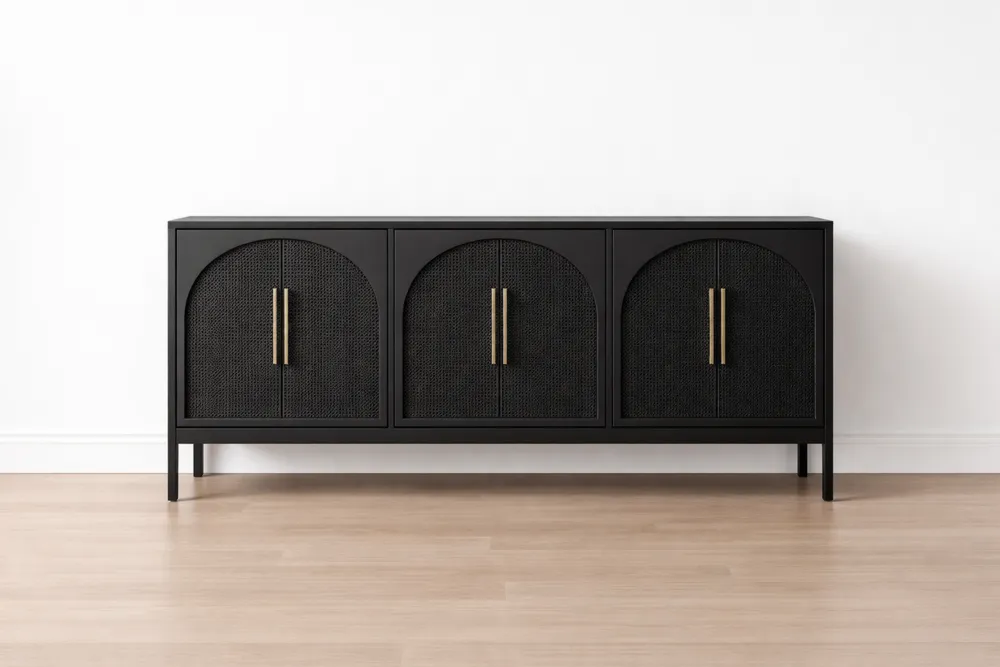 Buffet en bois massif avec portes en osier noir