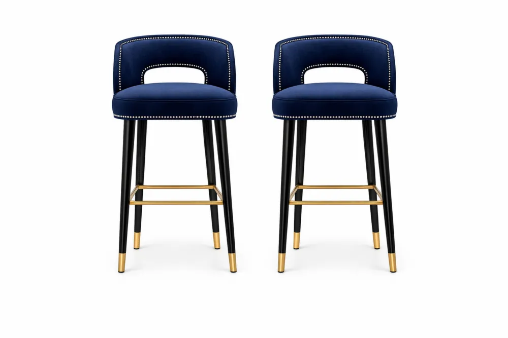 Lot de 2 Tabourets de Bar en Velours Bleu avec Structure aluminium Noir et Détails Dorés