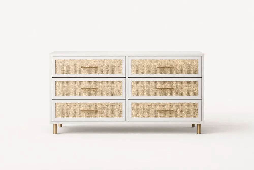 Commode 6 Tiroirs MDF et Rotin Blanc/Beige