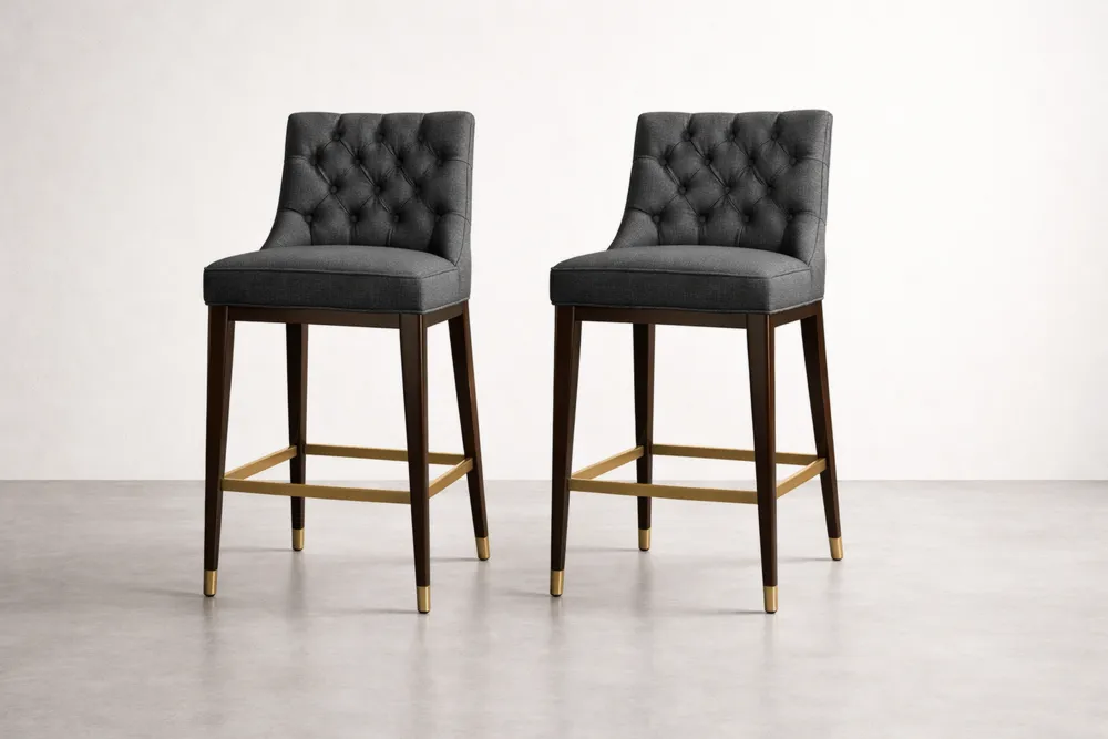 Lot de 2 chaises de bar en tissu avec pieds en bois massif et repose-pieds doré