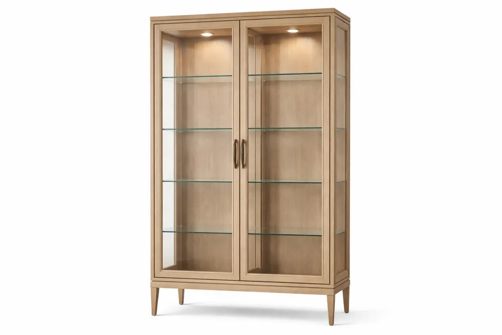 Vitrine en bois massif avec étagères en verre trempé et éclairage LED