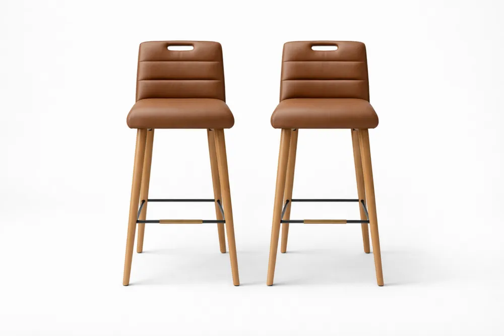 Lot de 2 tabourets de bar en cuir synthétique marron avec pieds en bois de hêtre