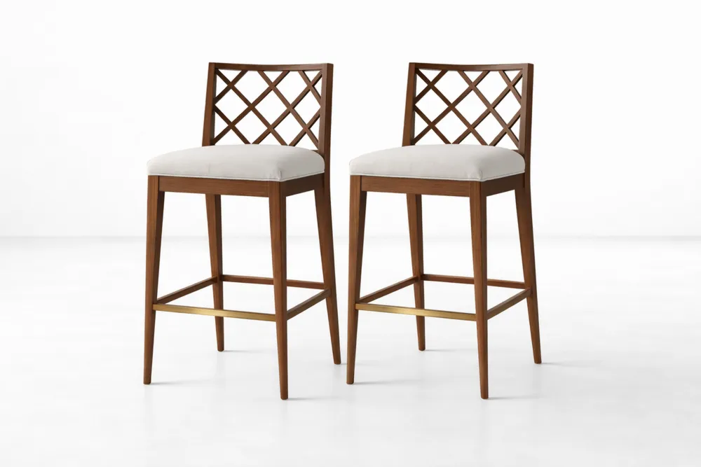 Ensemble de 2 tabourets de bar en bois massif avec assise en tissu beige