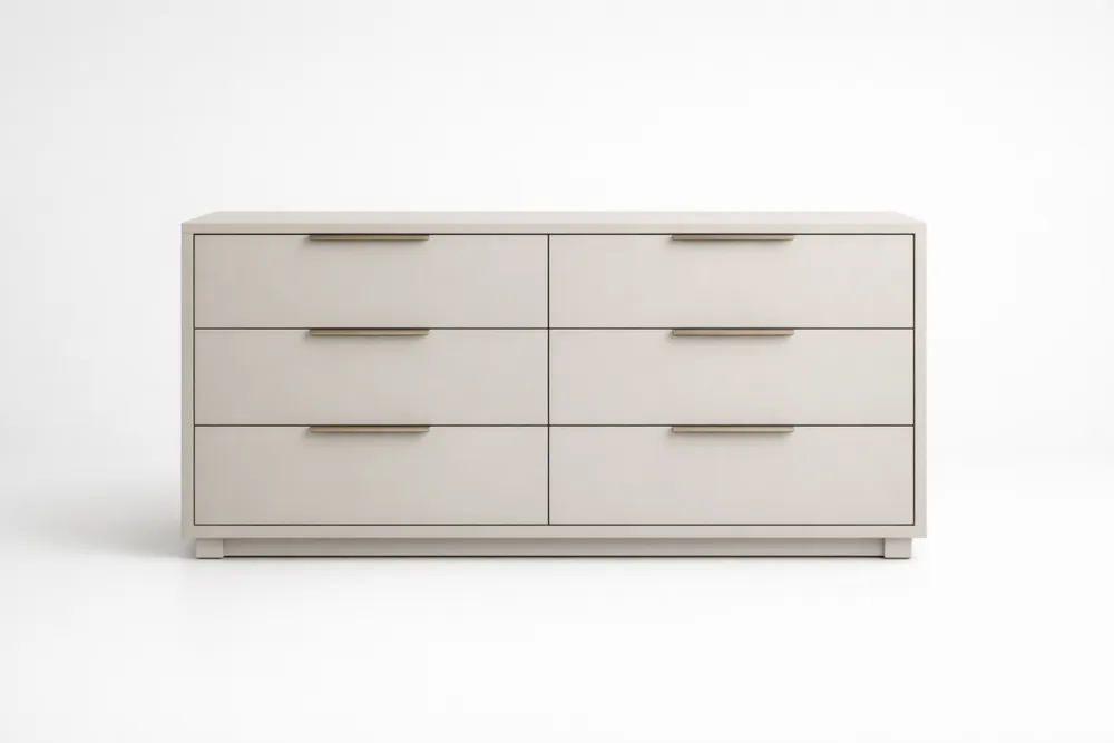 Commode 6 tiroirs en bois massif avec poignées aluminium