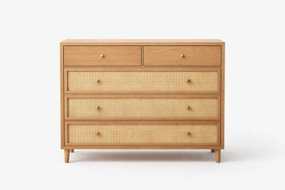 Commode en Bois Massif avec Tiroirs en Rotin