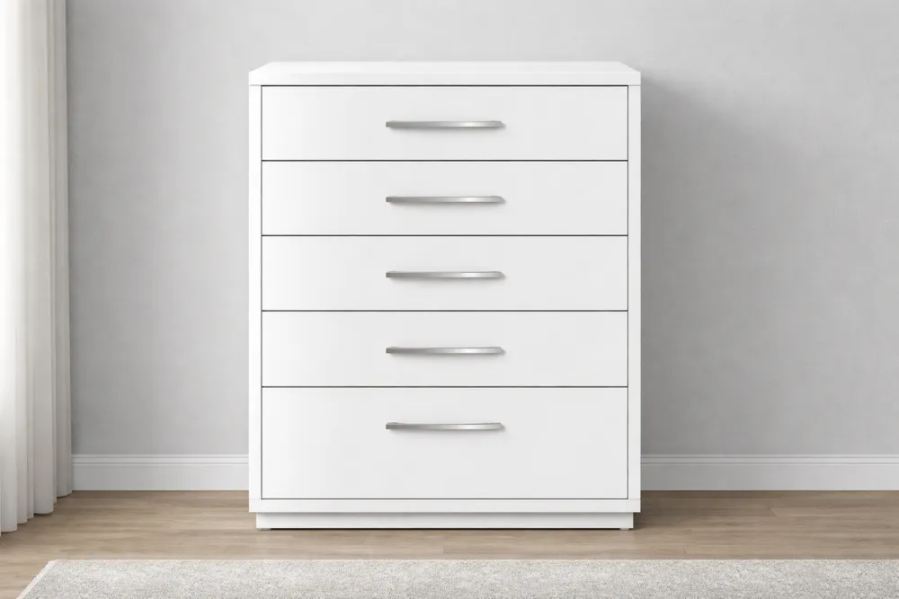Commode 5 Tiroirs MDF Blanc avec Poignées Aluminium