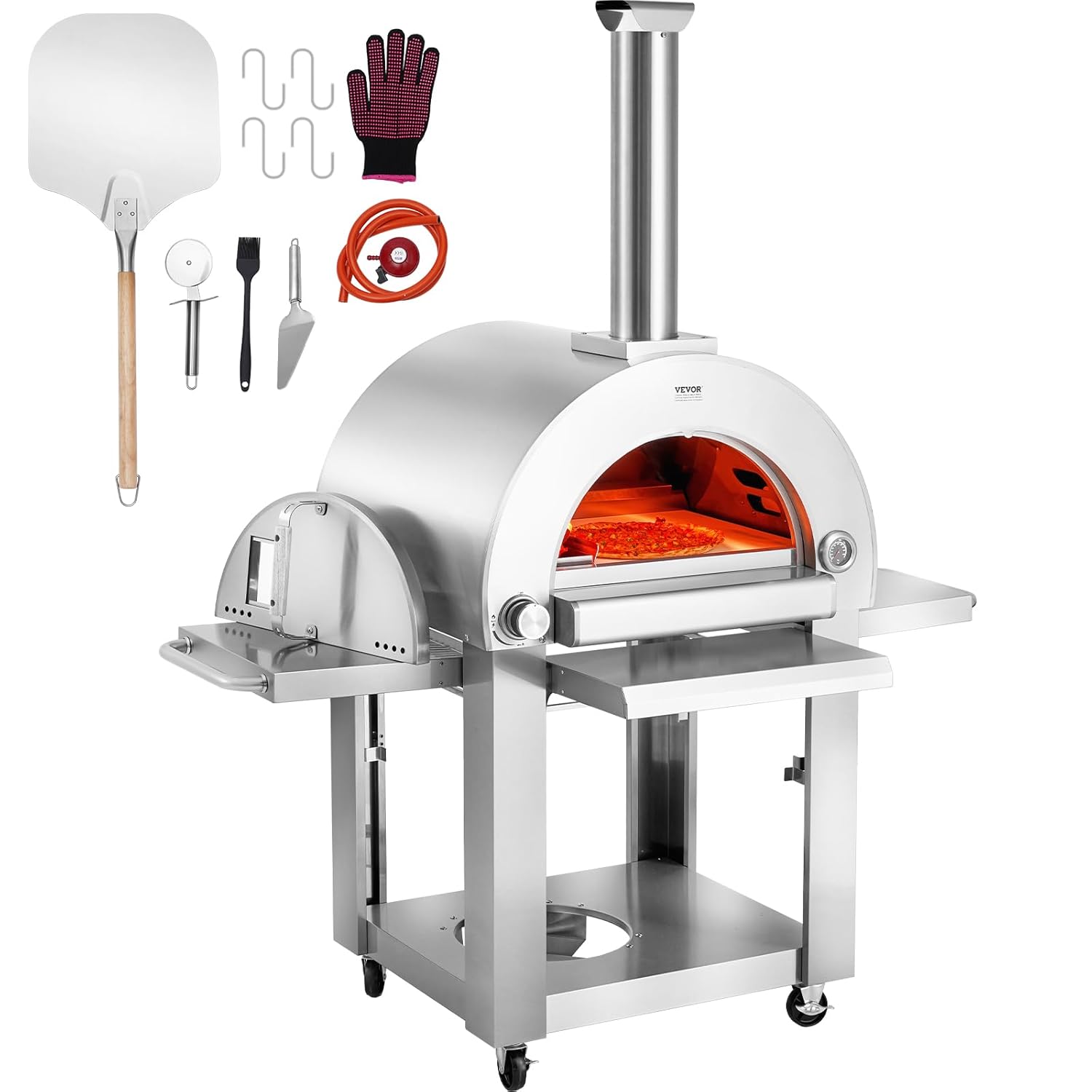 VEVOR Horno de Pizza de Combustible Dual para Uso al Aire Libre, Horno de Pizza para Exteriores Alimentado con Pellets y Gas con Piedra de Pizza de Cordierita Espesa, 1520 x 915 x 1830 mm, Plata