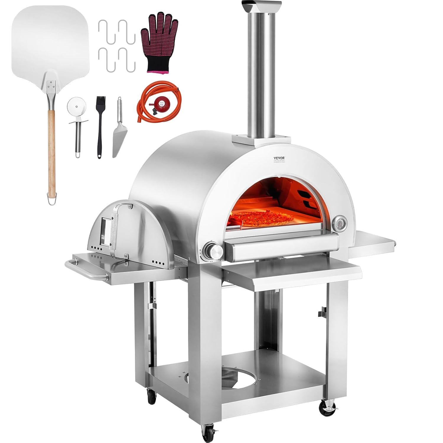 VEVOR Horno de Pizza de Combustible Dual para Uso al Aire Libre, Horno de Pizza para Exteriores Alimentado con Pellets y Gas con Piedra de Pizza de Cordierita Espesa, 1520 x 915 x 1830 mm, Plata