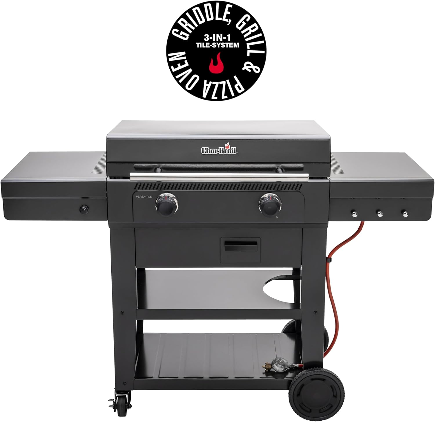 Char-Broil Barbacoa de Gas Versa-Tile, Plancha a Gas de 2 Zonas, Superficie de Cocción: 70 x 50 cm, Sistema de Módulos 3 en 1: Plancha, Parrilla y Horno para Pizza