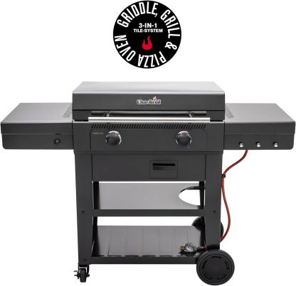 Char-Broil Barbacoa de Gas Versa-Tile, Plancha a Gas de 2 Zonas, Superficie de Cocción: 70 x 50 cm, Sistema de Módulos 3 en 1: Plancha, Parrilla y Horno para Pizza